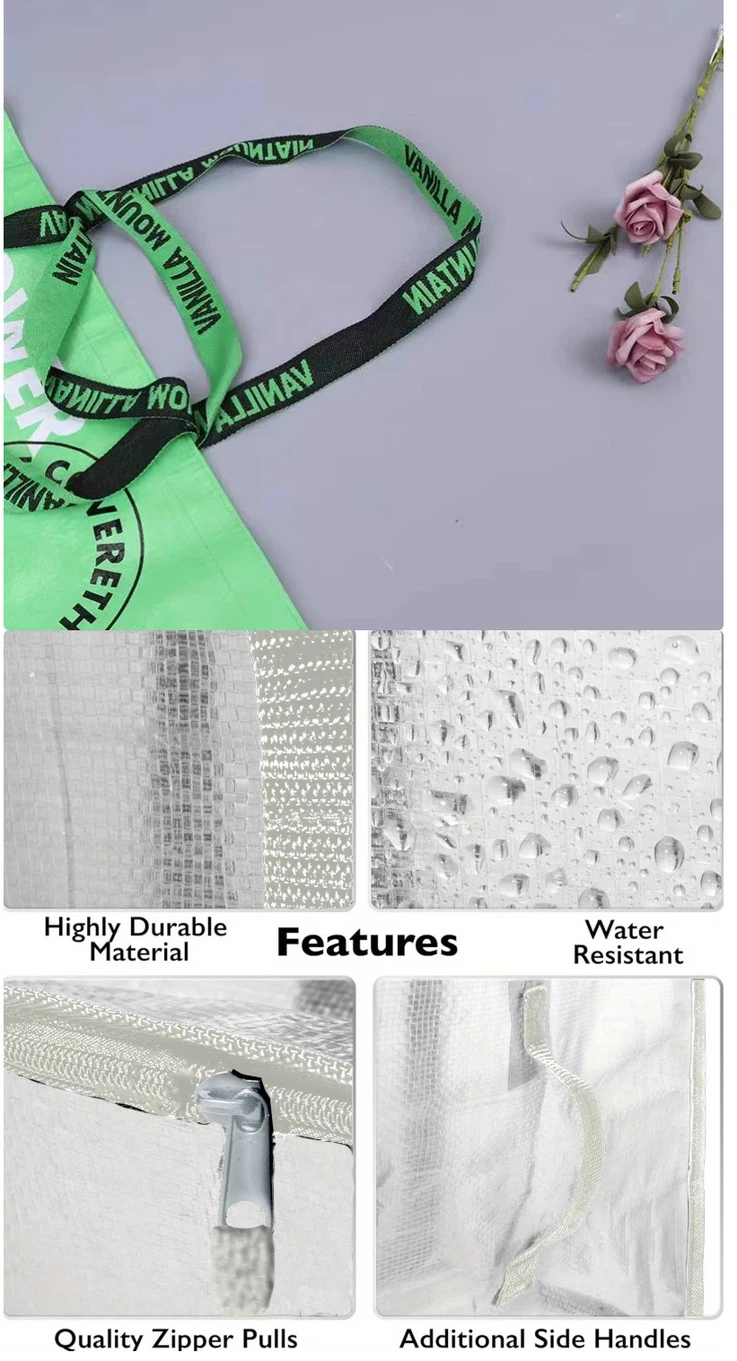 Laminated PP woven bag material with zipper and reinforced webbing handles Laminated PP woven bag material with zipper and reinforced webbing handles