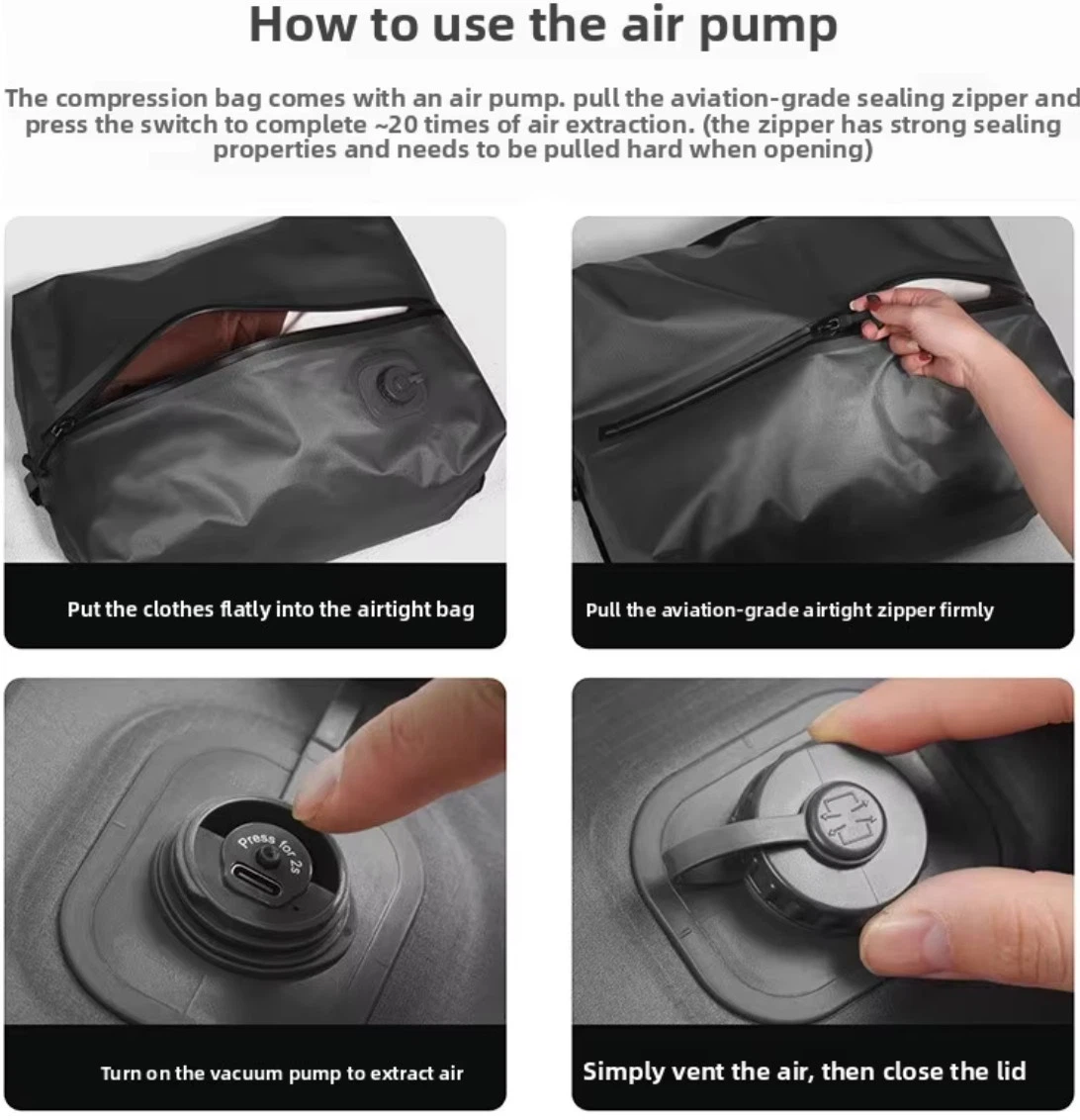 Instruction image showing air-exhaust valve operation for a waterproof travel vacuum compression bag used in suitcase packing Instruction image showing air-exhaust valve operation for a waterproof travel vacuum compression bag used in suitcase packing