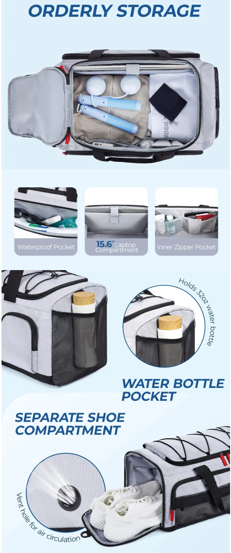 OEM gym duffel bag quality inspection for strap strength, zipper function and 1pc poly bag packing OEM gym duffel bag quality inspection for strap strength, zipper function and 1pc poly bag packing