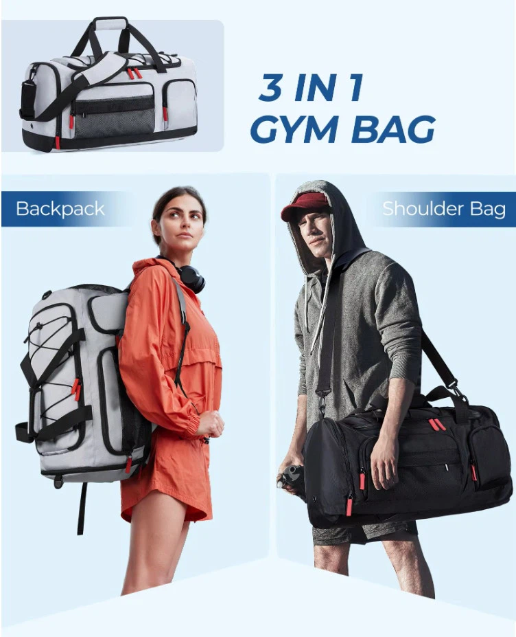Custom gym duffel bag for outdoor sport use with shoulder strap, side pockets and large storage compartment Custom gym duffel bag for outdoor sport use with shoulder strap, side pockets and large storage compartment